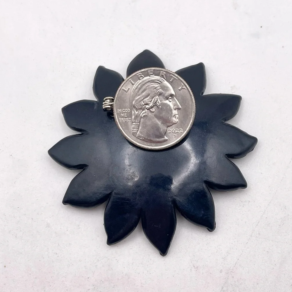 Vintage Artisan Resin Sunflower Brooch Black and Abalone Lime Green Handpainted